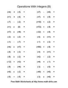 Operations with Integers (B) Worksheet for 6th - 7th Grade ...