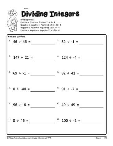 Dividing Integers Worksheets
