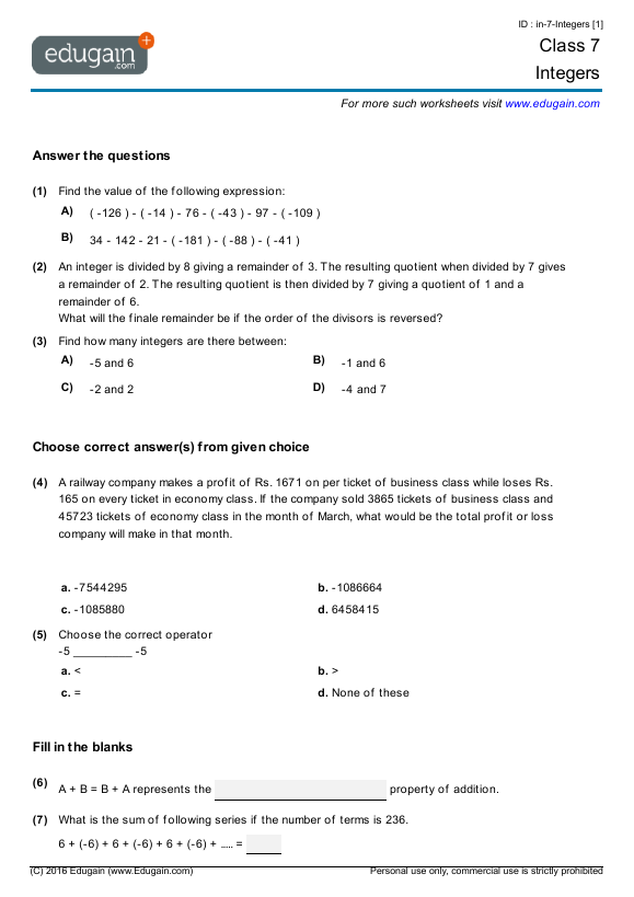Grade 7 - Integers | Math Practice, Questions, Tests, Worksheets ...