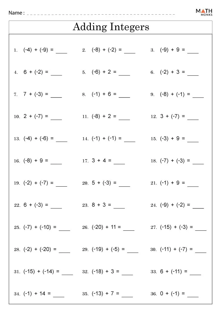 integers worksheet grade 7