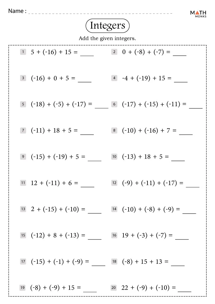 Integers Worksheets - Math Monks