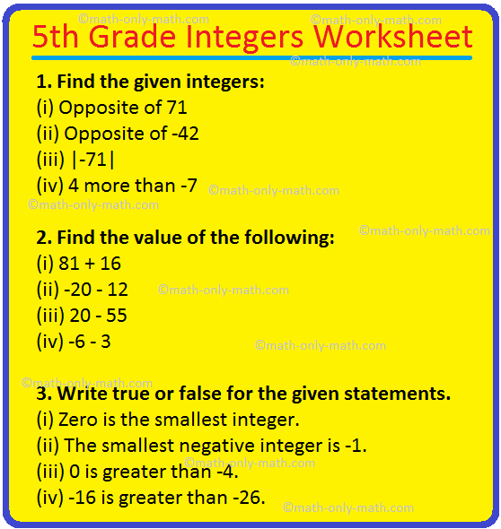 5th Grade Integers Worksheet | Addition and Subtraction of Integers