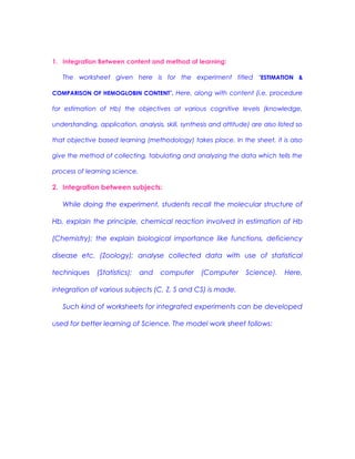 Model worksheet for integrated experiment in b.sc.ed (zoology) a ...