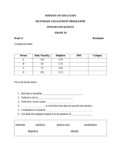 Grade 10 - Worksheets - Integrated Science