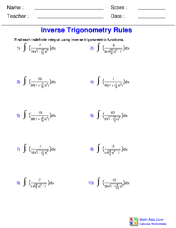 Calculus Worksheets | Indefinite Integration Worksheets