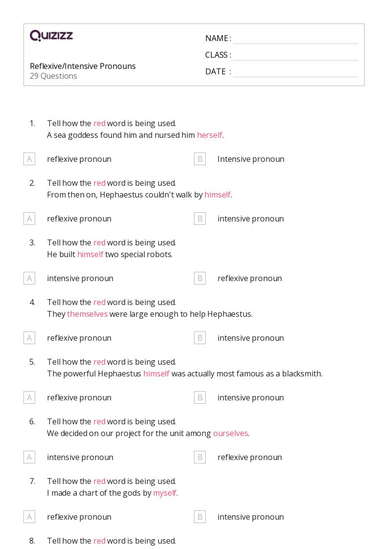 50  Intensive Pronouns worksheets on Quizizz Free Printable