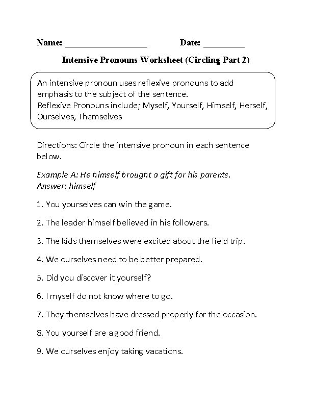 Pronouns Worksheets | Intensive Pronouns Worksheets