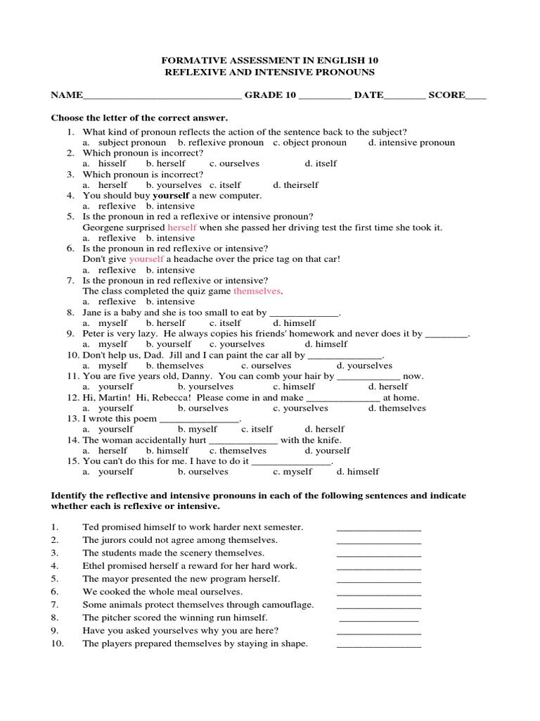intensive pronoun worksheet