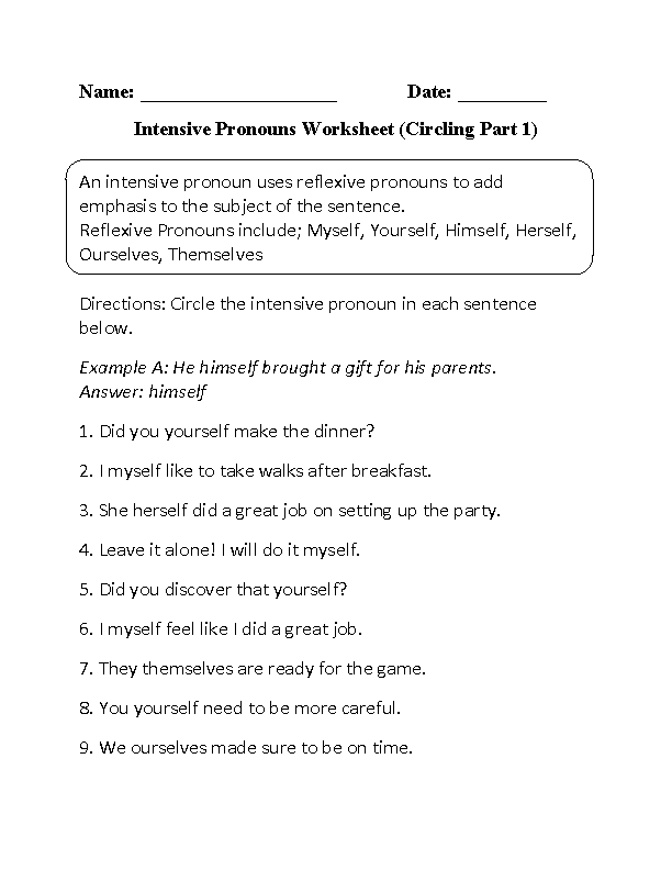Pronouns Worksheets | Intensive Pronouns Worksheets