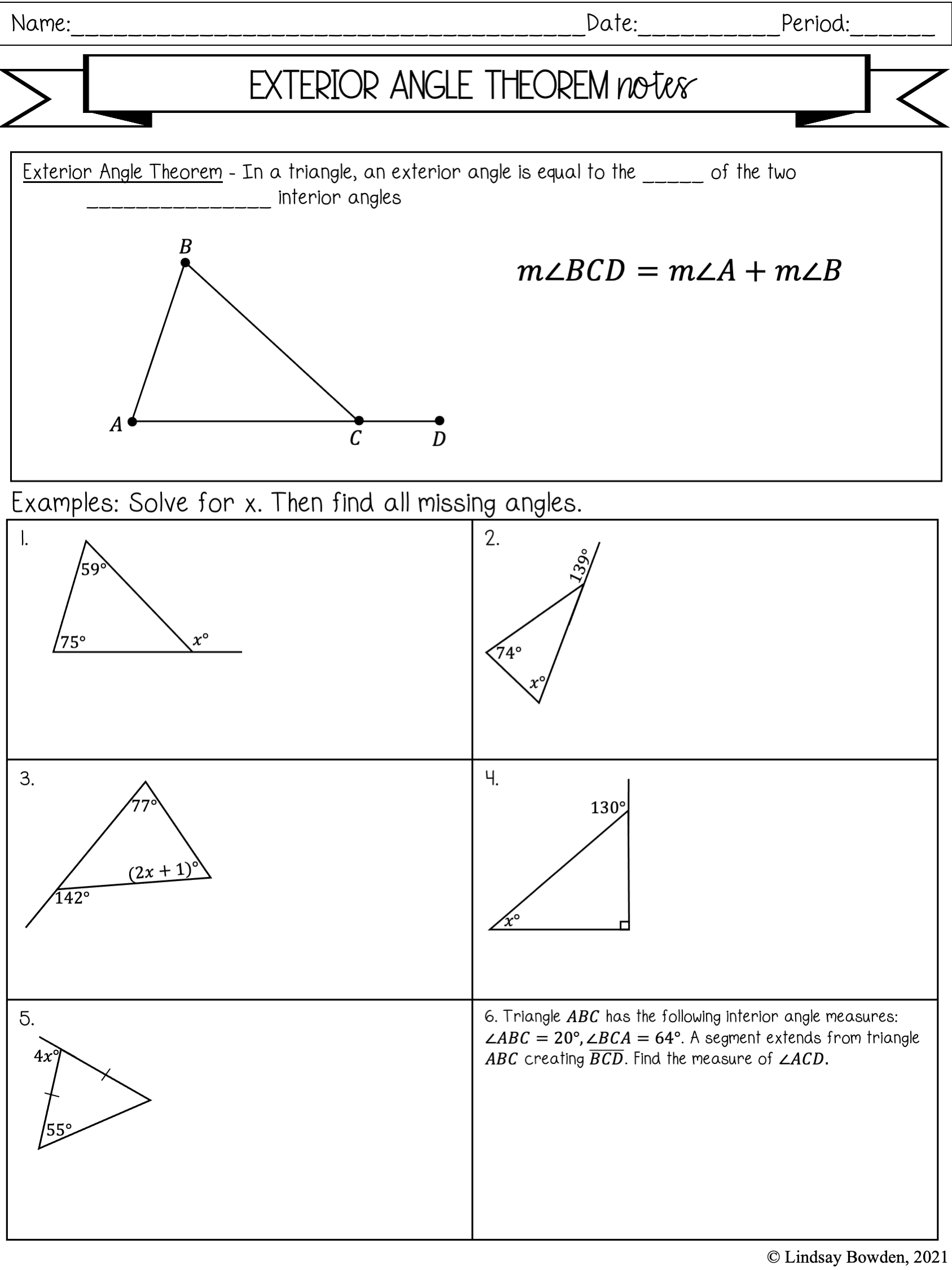 Exterior Angle Theorem Notes &  Worksheets - Lindsay Bowden