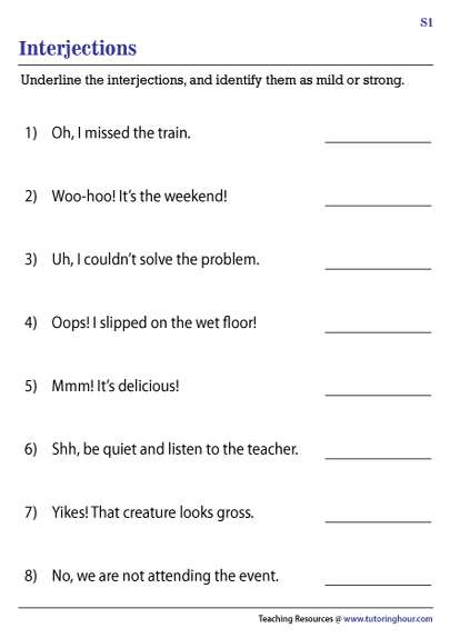 Mild and Strong Interjections Worksheets