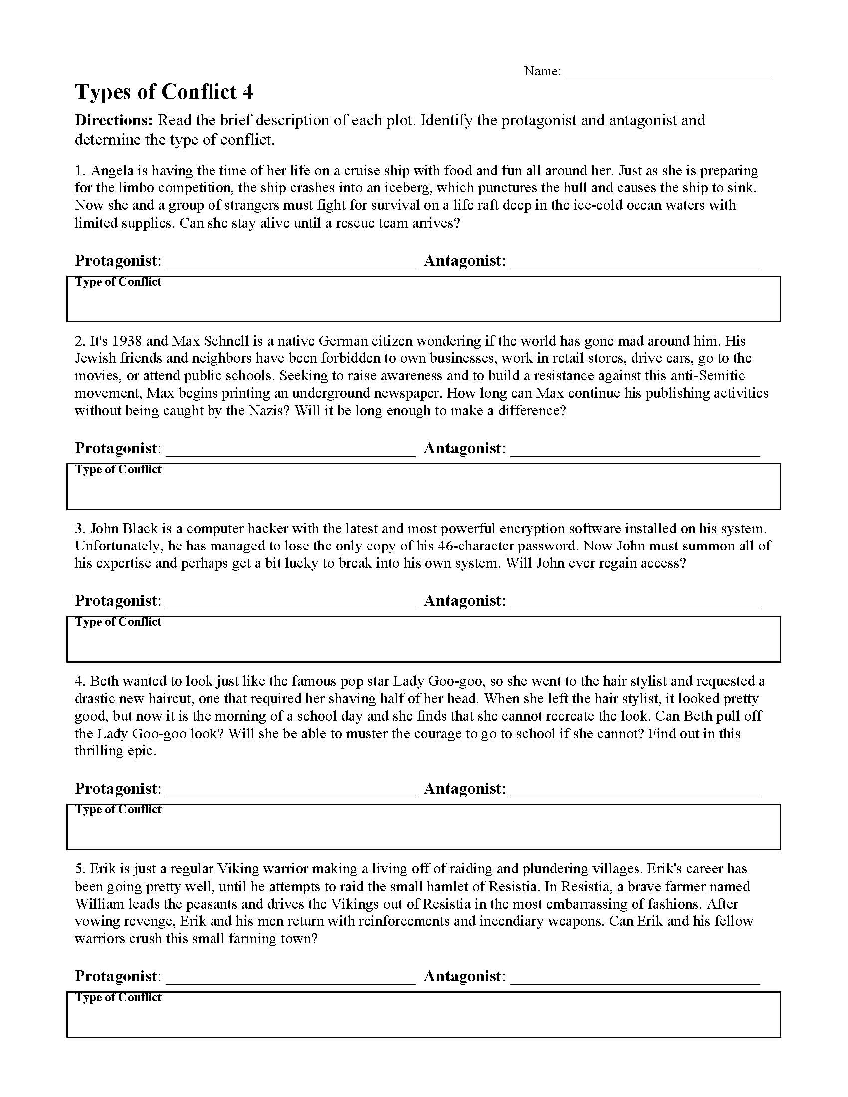 Types of Conflict Worksheets  