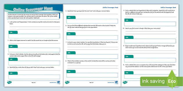 internet scavenger hunt worksheet