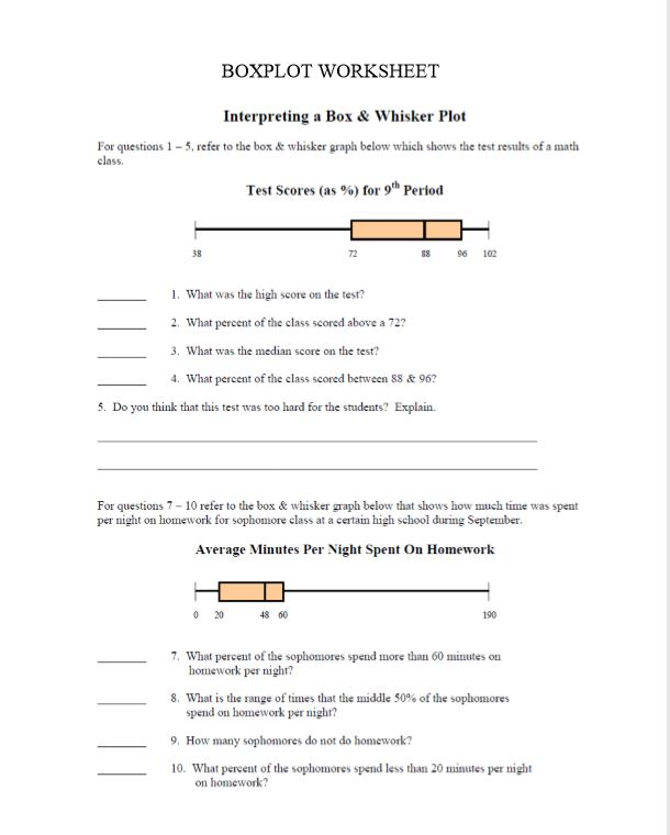 interpreting box and whisker plots worksheet answers