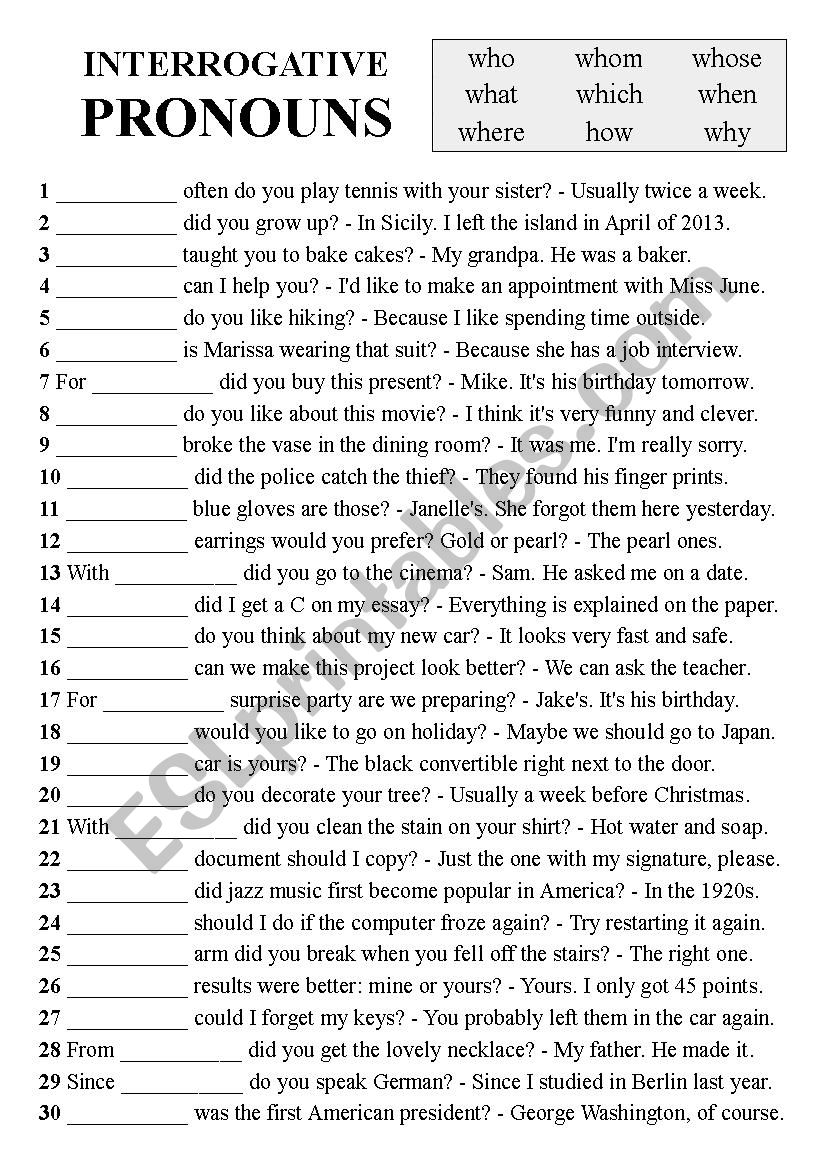 Interrogative Pronouns ESL worksheet by marcelakemp Worksheets Library