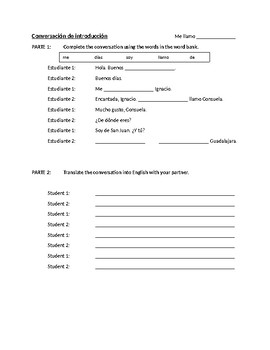 intro to spanish worksheet