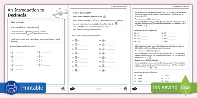 An Introduction to Decimals Notes and Exercises - Twinkl