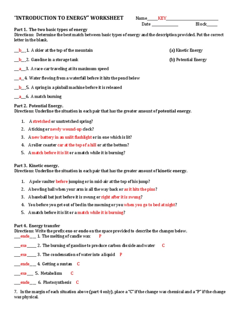 introduction to energy worksheet key