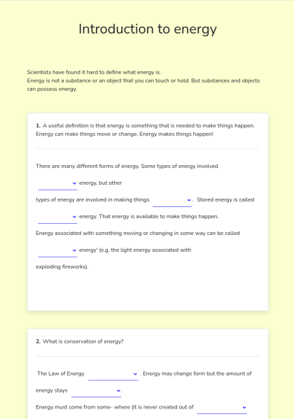introduction to energy worksheet key