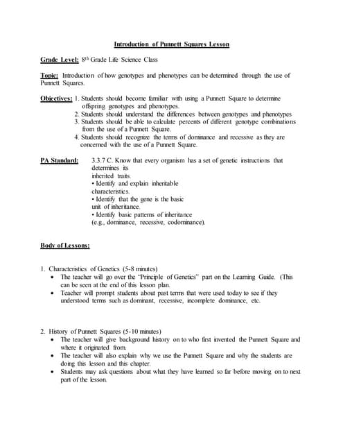 Punnett Square Lesson Plan | PDF