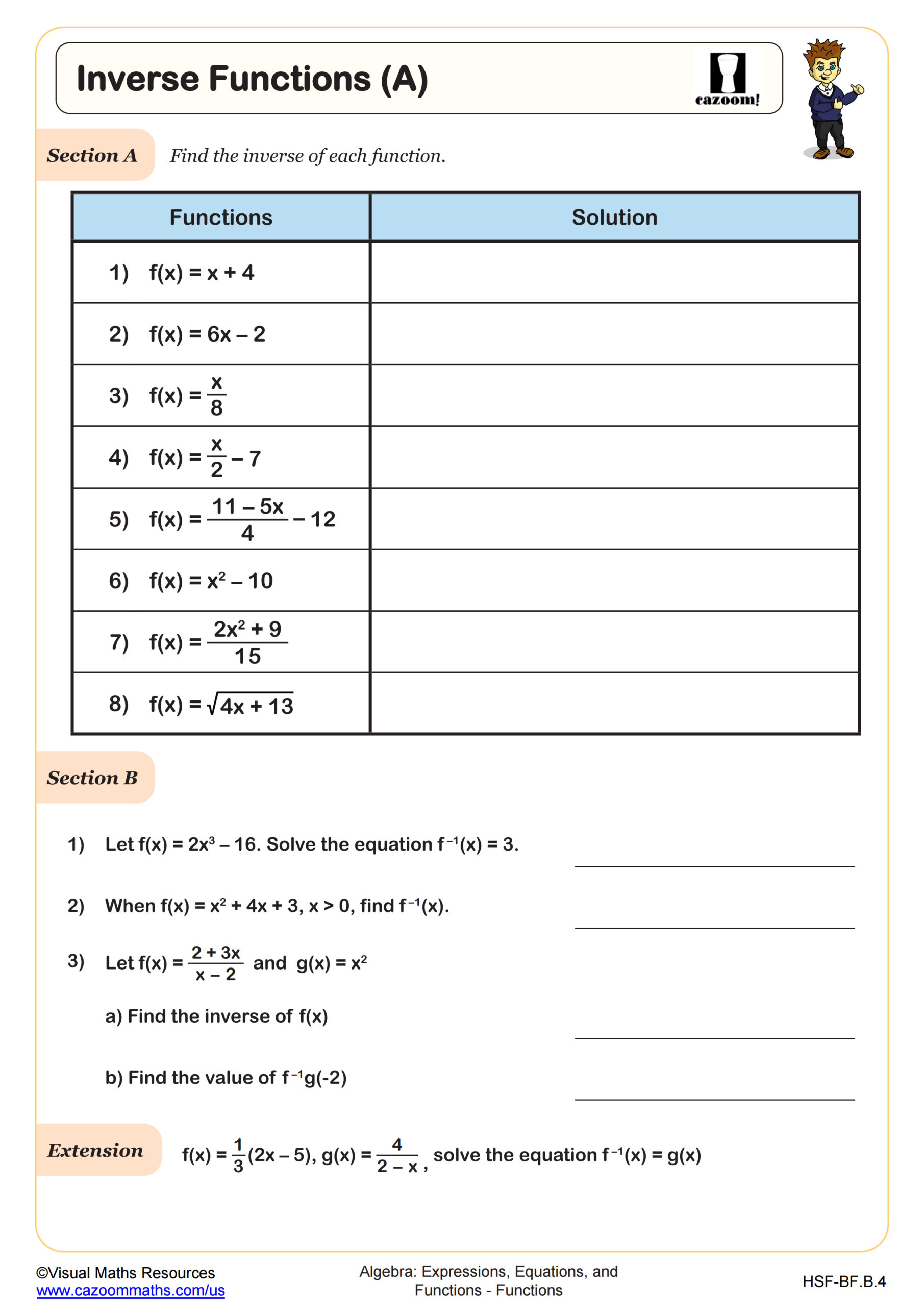 inverse functions worksheet answers