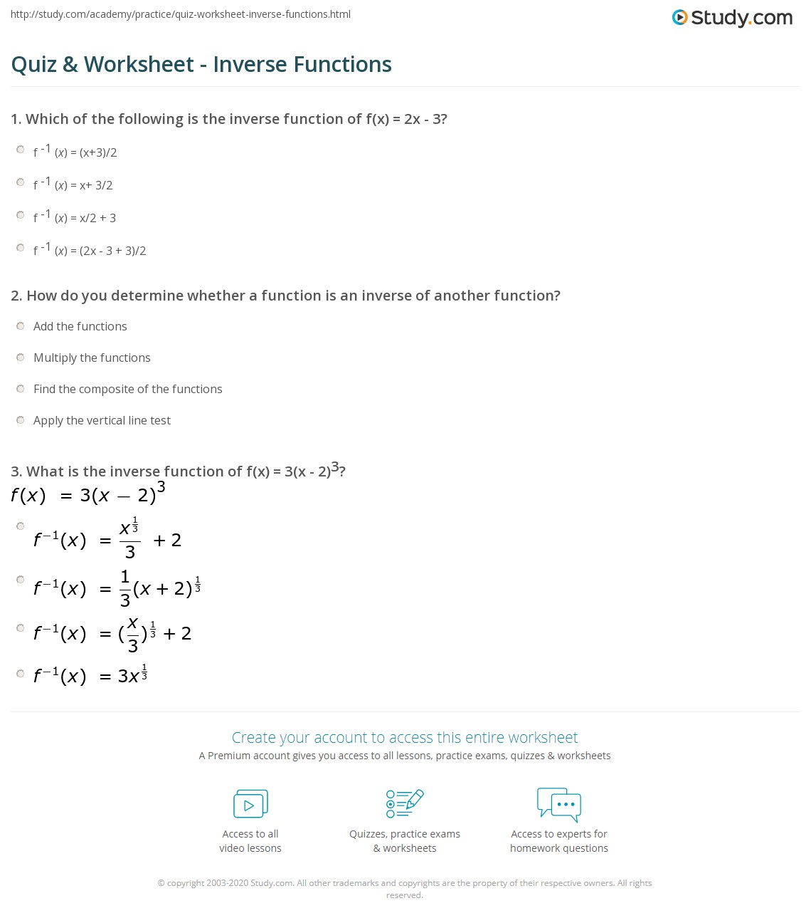 Free Printable Inverse Functions Worksheets for Students - Worksheets ...