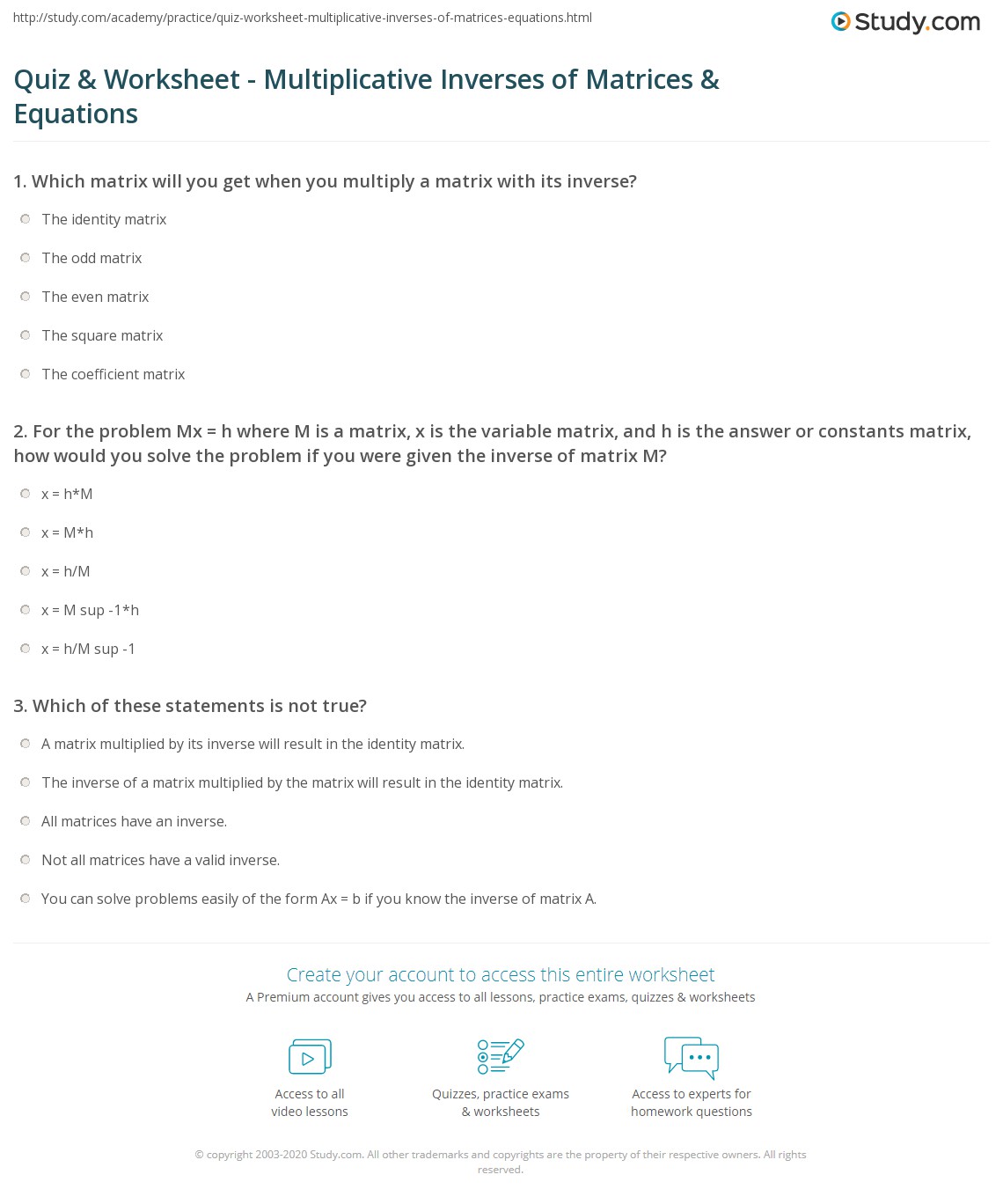 Quiz &  Worksheet - Multiplicative Inverses of Matrices &  Equations ...