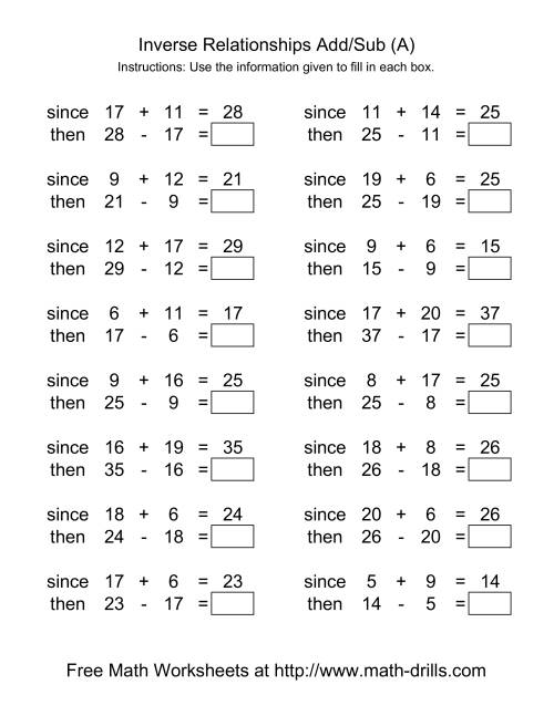 Inverse Relationships -- Addition and Subtraction -- Range 5 to 20 (A)