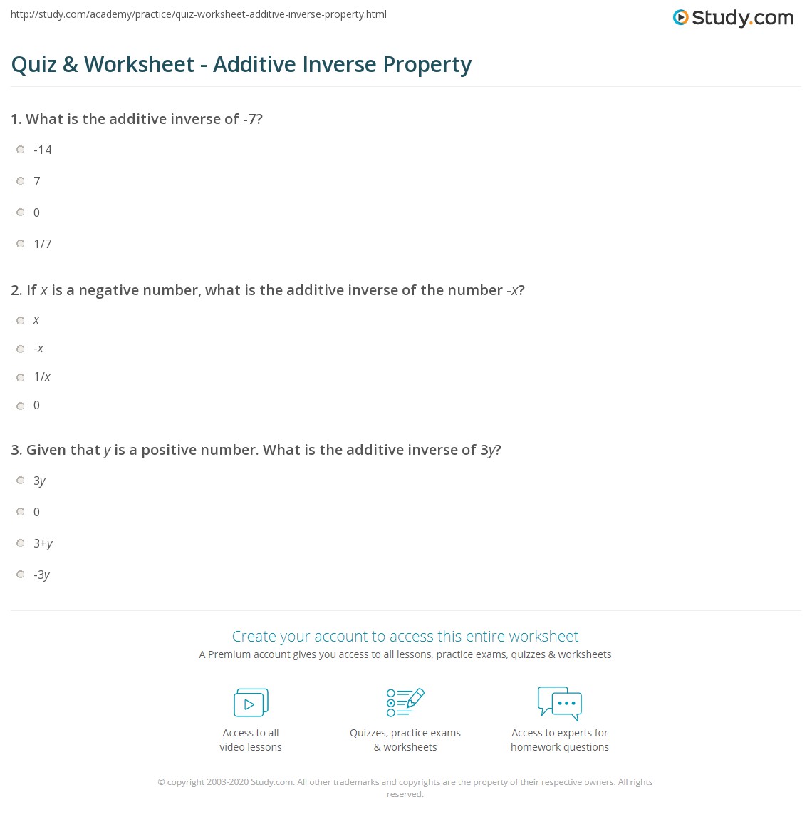 Quiz &  Worksheet - Additive Inverse Property | Study.com