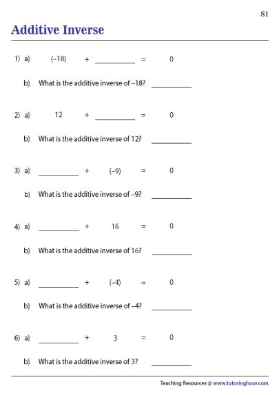 Additive Inverse Worksheets