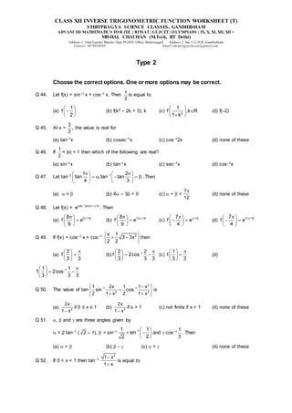Class xii inverse trigonometric function worksheet (t) | PDF