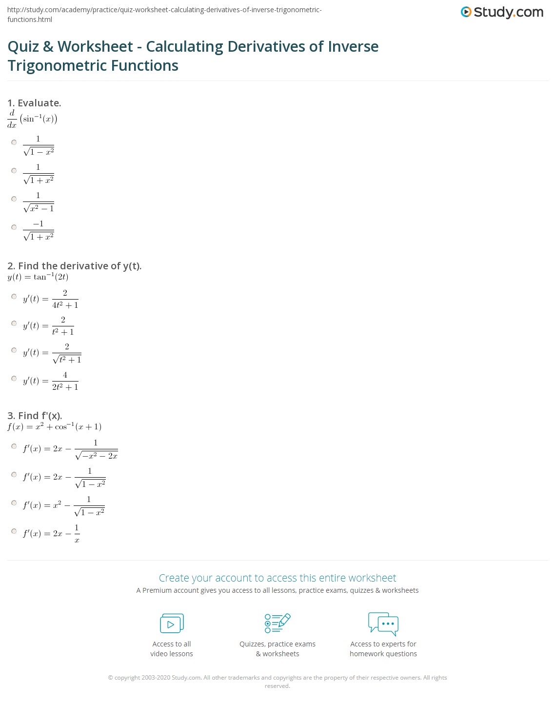 Quiz &  Worksheet - Calculating Derivatives of Inverse ...