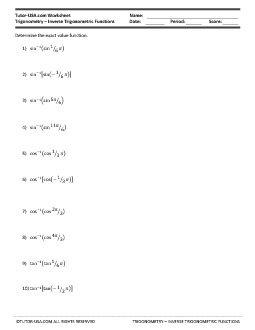 Worksheet: Inverse Functions #4 -1 Notation | Trigonometry Printable