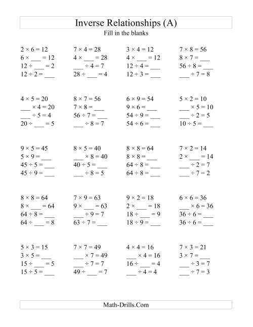 Inverse Relationships -- Multiplication and Division All Inverse ...