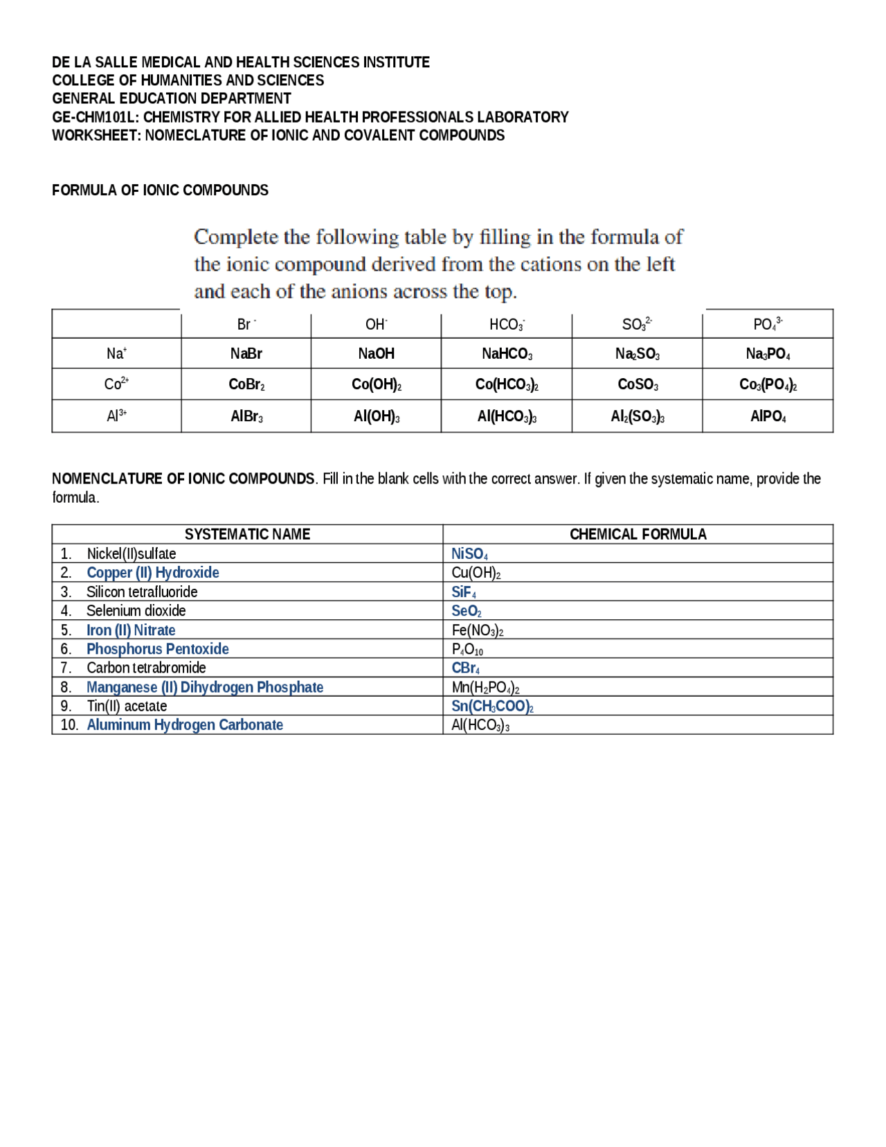 WORKSHEET: NOMECLATURE OF IONIC AND COVALENT COMPOUNDS | Exercises ...