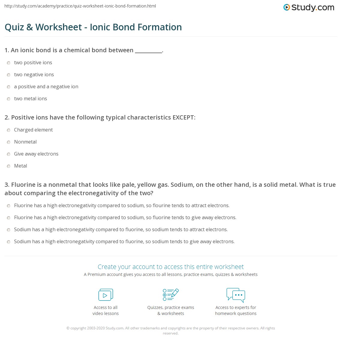 Quiz &  Worksheet - Ionic Bond Formation | Study.com