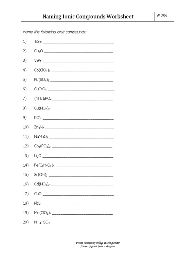 w306 Naming Ionic Compounds Worksheet | PDF