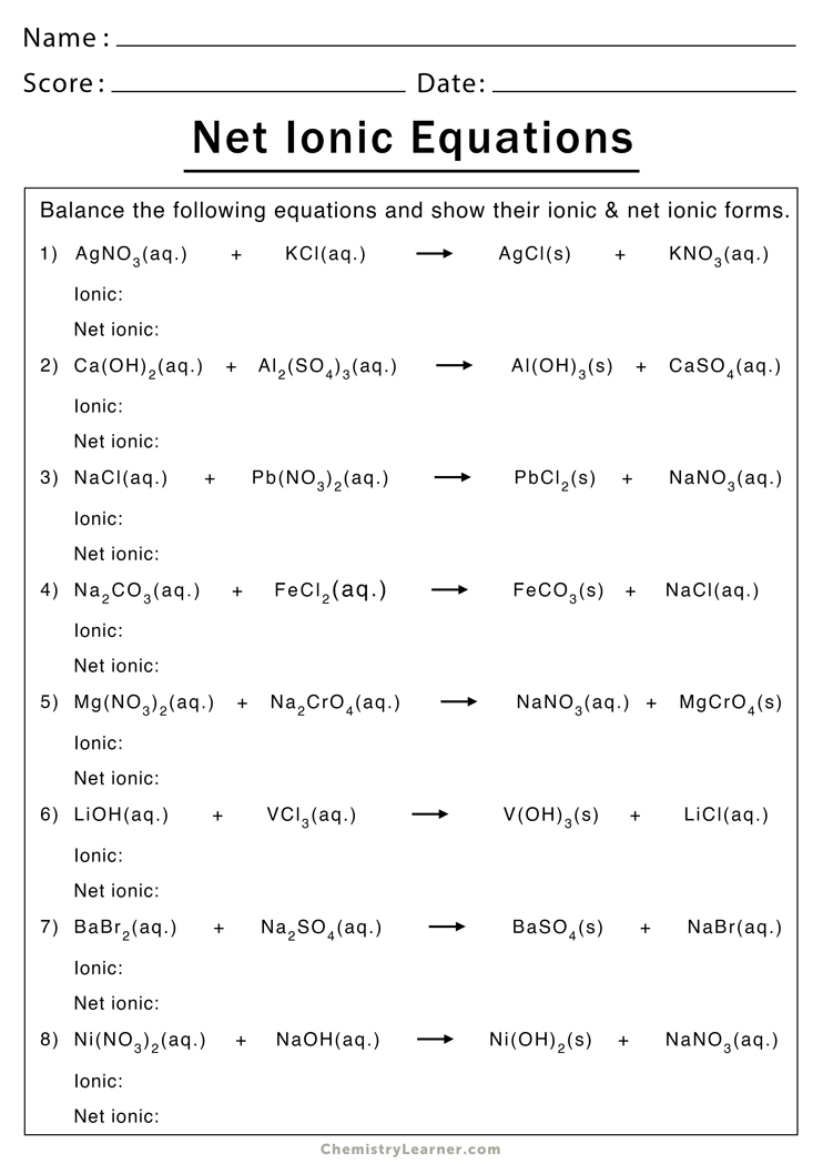 ionic equations worksheet