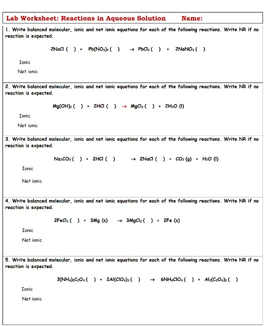 ionic equations worksheet