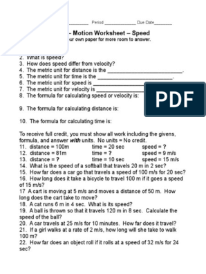 IPC - Motion Worksheet - Speed: Use Your Own Paper For More Room ...