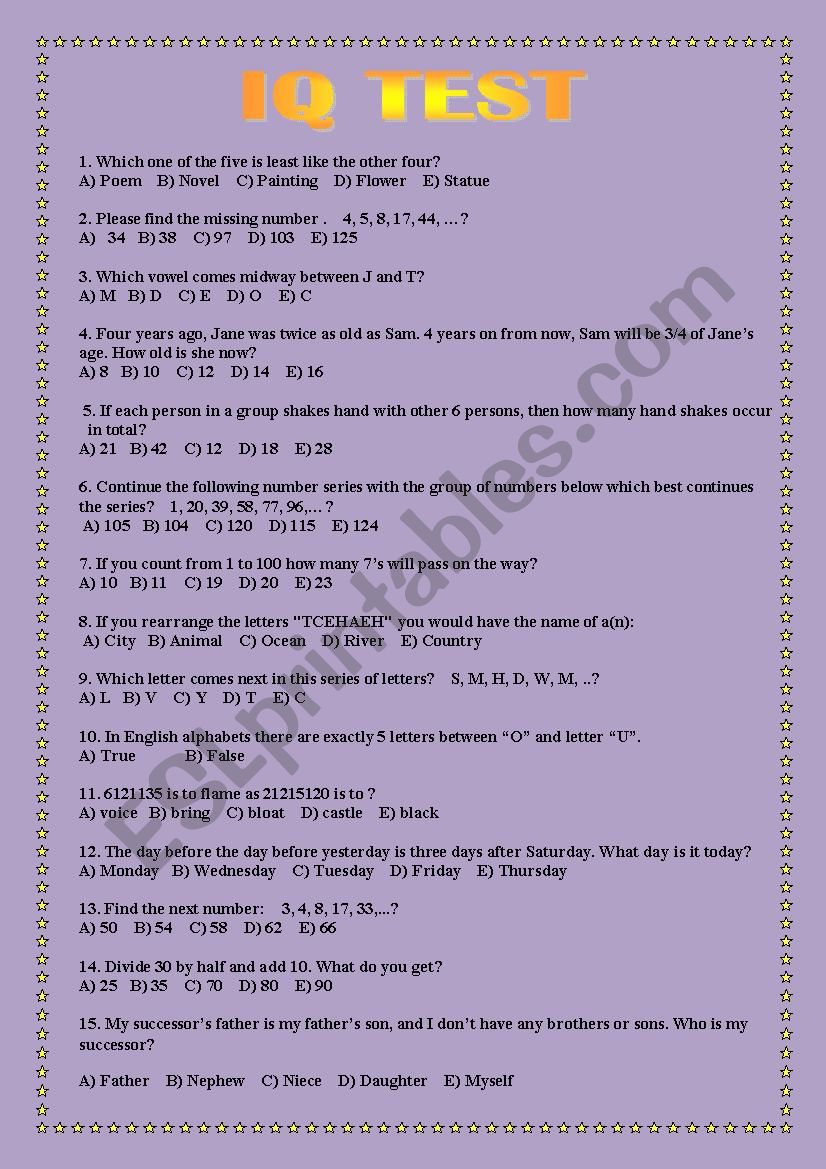 IQ Test with answers - ESL worksheet by bobalim