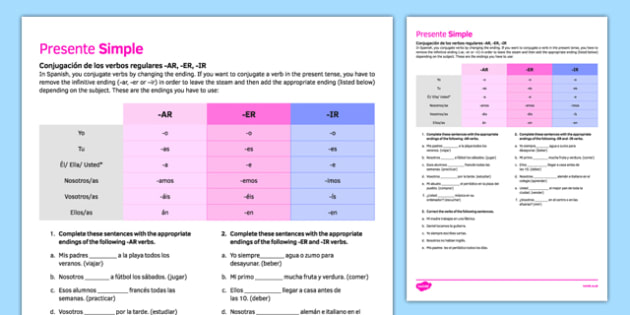 Present Tense Regular AR, ER, IR Verbs Worksheet / Worksheet ...