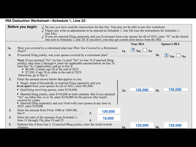 IRA Deduction Worksheet walkthrough (Schedule 1, Line 20) - YouTube