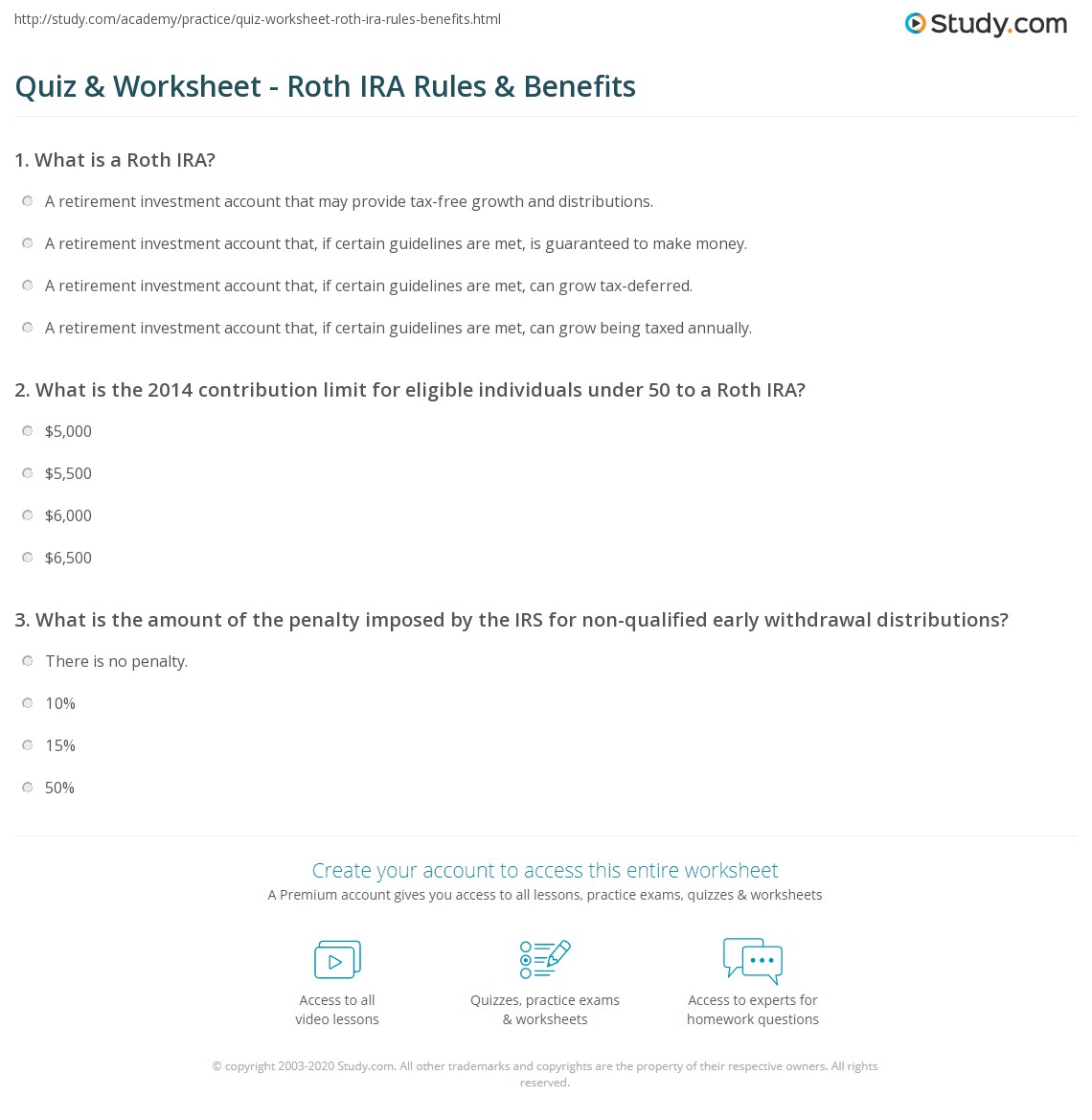 Quiz &  Worksheet - Roth IRA Rules &  Benefits | Study.com
