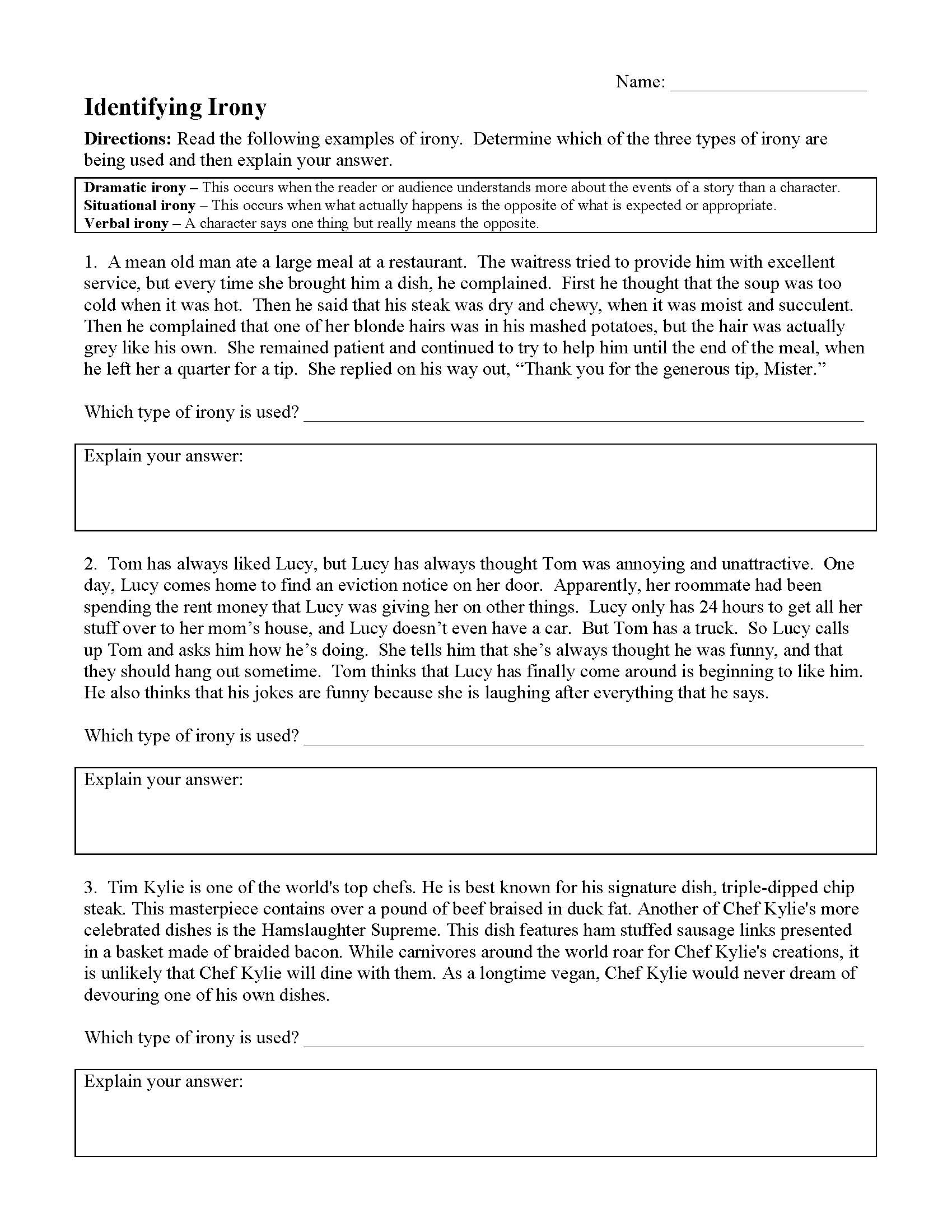 irony worksheet for high school