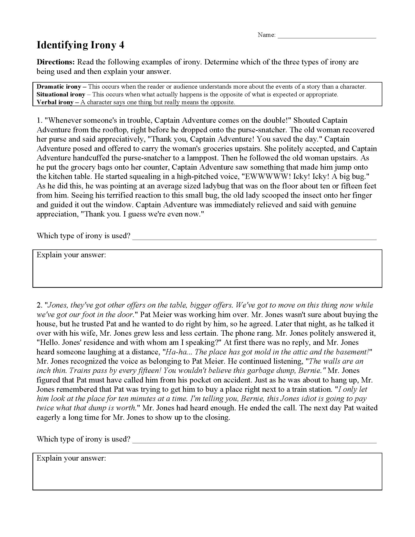 irony worksheet printable high school