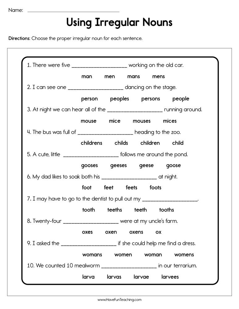 Using Irregular Nouns Worksheet  