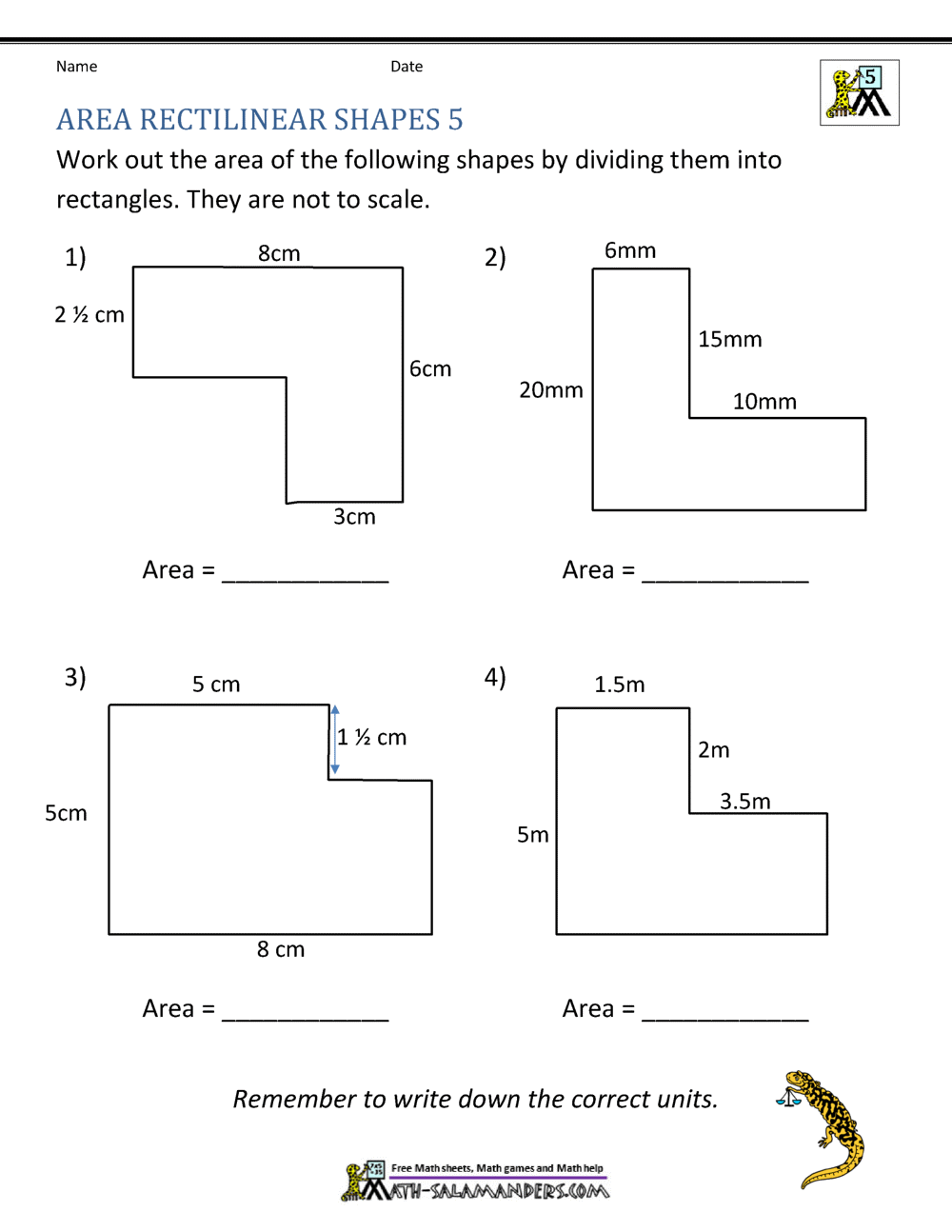 Area of Rectangle Worksheets