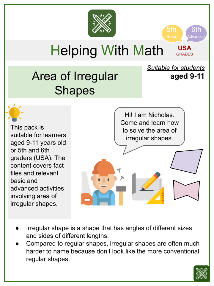 Area of Irregular Shapes Themed Math Worksheets | Aged 9-11