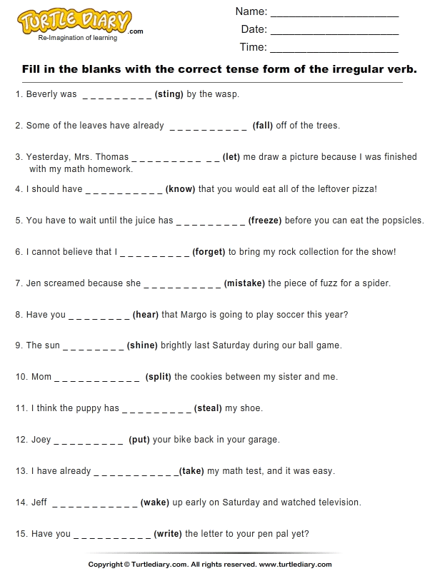 Complete Sentences by Writing Correct Tense Form of Irregular ...